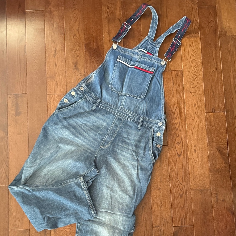 Tommy Hilfiger Denim Overalls with Red and Navy Accents - Size 12 - Medium Mens